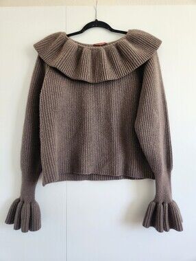 Altuzarra 100% Merino Wool Ruffle Collar Sweater Brown Balloon Sleeve Size M